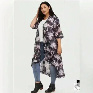 Torrid Womens Plus Size 1/2 Navy Pink Floral Chiffon Hi-lo Duster Boho Kimono